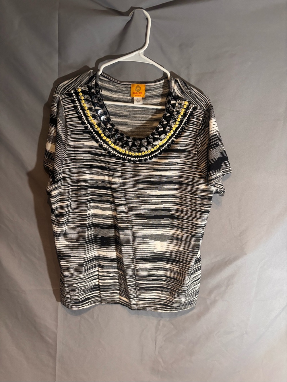 Ruby Rd. Black & White Striped Short Sleeve Top with Beaded Collar